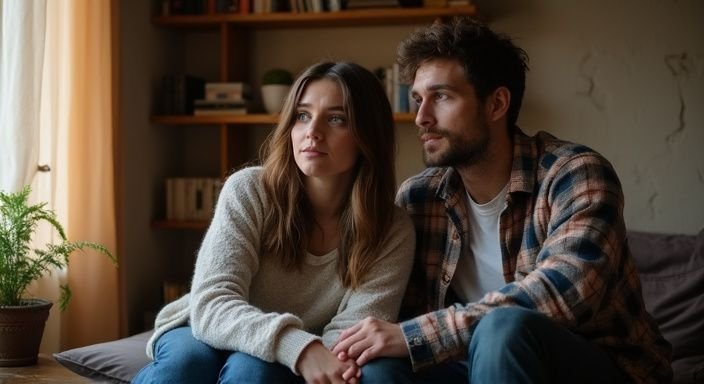 Ein Paar sitzt nah beieinander in einer gemütlichen Wohnung und wollen heimlicher sexkontakt in Wien.