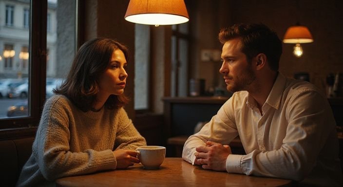 Ein Paar in einem Café, intensives Gespräch über heimlicher sexkontakt in Wien, Nähe und Verbindung