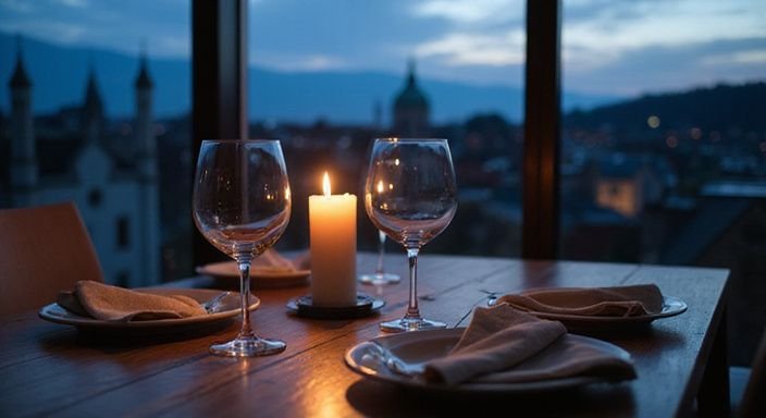 Ein romantisches Abendessen mit Kerzenlicht und Blick auf Salzburg.