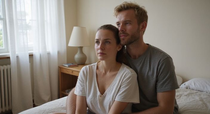 Ein Paar sitzt nachdenklich auf einem Bett in einem gemütlichen Raum und wollen Erotische Kontakte und Sex-Dating in Salzburg