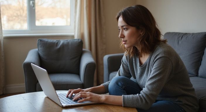 Eine junge Frau sitzt konzentriert vor einem Laptop in einem gemütlichen Raum und suche Erotische Kontakte und Sex-Dating in Salzburg.