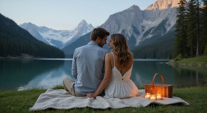 Ein Paar sitzt romantisch am Ufer eines alpinen Sees un wollen Erotische Kontakte und Sex-Dating in Tirol.