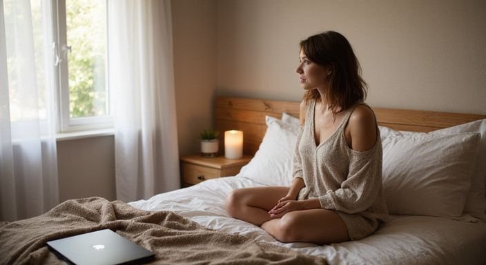 Ein gemütliches Schlafzimmer mit einem Bett, Bücher und Laptop.