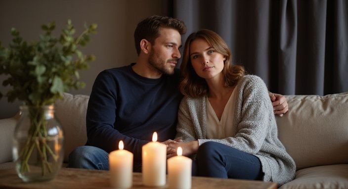 Ein Paar sitzt eng auf einem Sofa in ihrem Wohnzimmer und wollen Erotische Kontakte und Sex-Dating in Tirol.