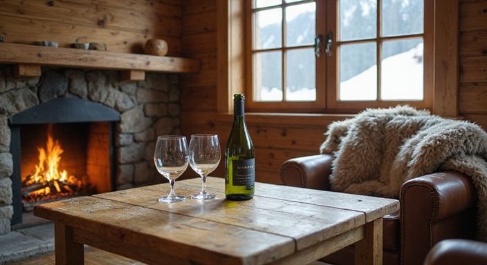 Alpine-Hütte mit Kamin, Weinflasche und gemütlicher, rustikaler Einrichtung.
