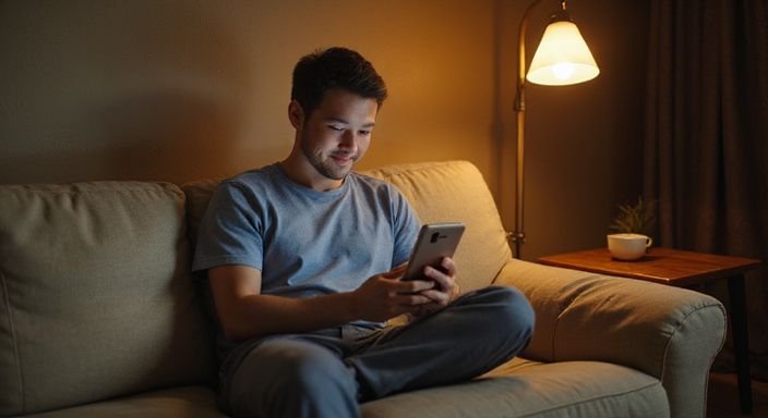 Eine Person entspannt auf einem Sofa und nutzt ihr Smartphone.