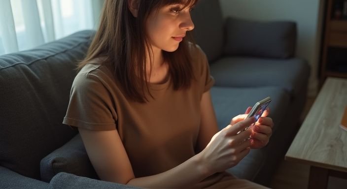 Eine Frau sitzt entspannt auf einem alten Sofa und nutzt ihr Smartphone uns suche Erotische Kontakte und Sex-Dating in Tirol.