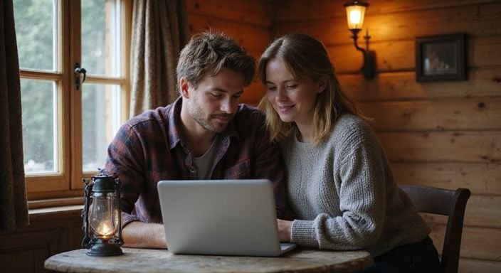 Ein Paar schaut konzentriert auf einen Laptop in einer gemütlichen Berghütte und suche Erotische Kontakte und Sex-Dating in Tirol.