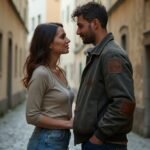 Ein Paar steht in einer schmalen Gasse und blickt sich an