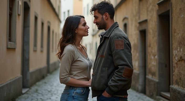 Ein Paar steht in einer schmalen Gasse und wollen erotischer Kontakt in Steiermark