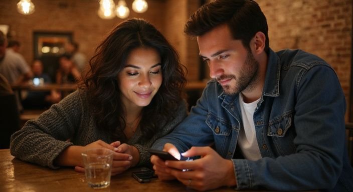 Ein Paar sitzt in einer Bar und schaut auf ihre Smartphones.