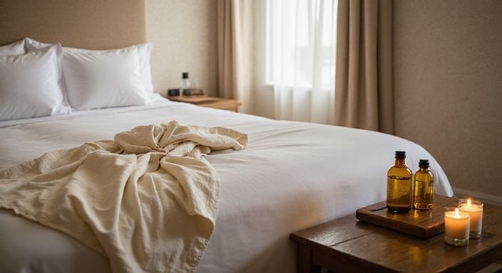 Ein elegantes Hotelzimmer mit einem gemütlichen Bett und beruhigenden Details.