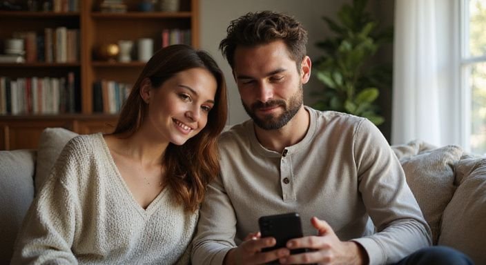 Zwei junge Erwachsene sitzen lächelnd auf einem Sofa und unterhalten sich und suche Flirt kontakt in Österreich.
