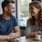 Ein Paar sitzt in einem Café und lacht miteinander