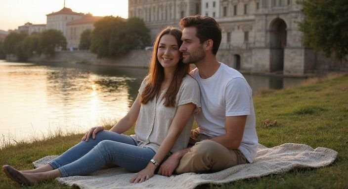 Ein junges Paar sitzt entspannt am Donauufer in Wien.