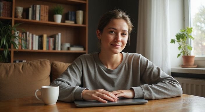 Eine Person sitzt entspannt am Tisch und nutzt einen Laptop.