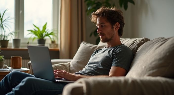 Ein nachdenklicher Mann sitzt entspannt mit seinem Laptop im Wohnzimmer und suceh sexkontakt in Graz.