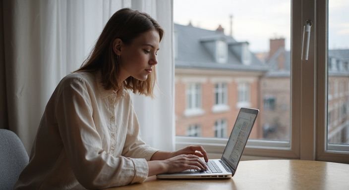 Eine Frau sitzt am Tisch und durchsucht eine Online-Plattform.