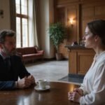 Ein Mann und eine Frau in einem ruhigen Hotellobby warten aufeinander