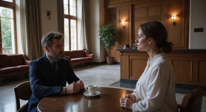 Ein Mann und eine Frau in einem ruhigen Hotellobby warten aufeinander.