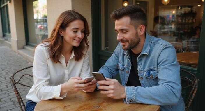 Ein Paar sitzt entspannt in einem Café und scrollt durch Anzeigen für Erotische Kontakte und Sex-Dating in Kärnten.