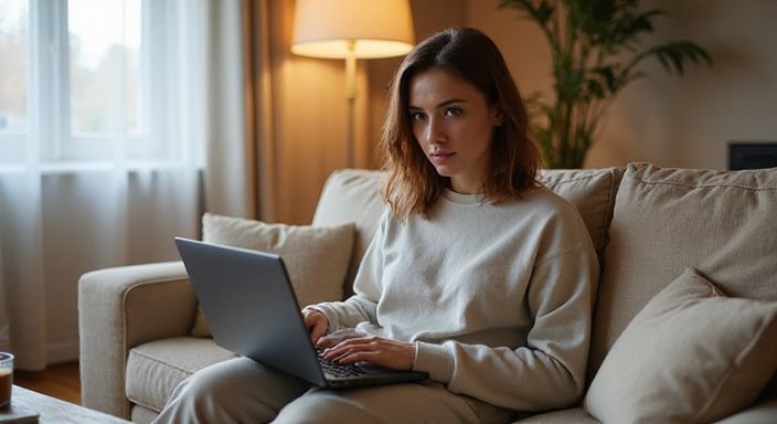 Eine Frau sitzt auf einem Sofa und arbeitet am Laptop.