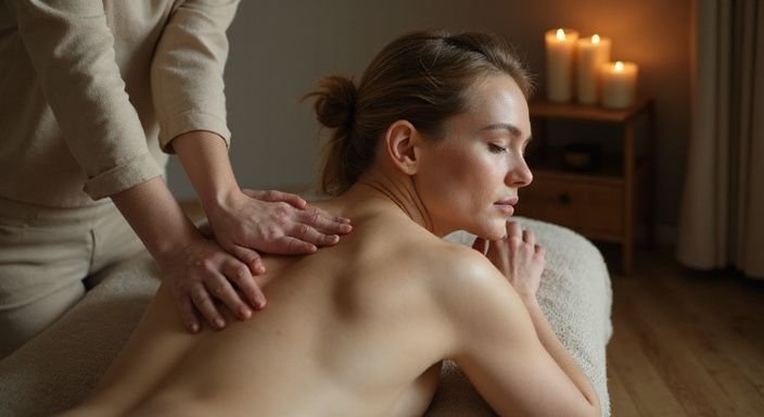 Eine Frau erhält entspannt eine Rückenmassage auf einem Massagetisch.
