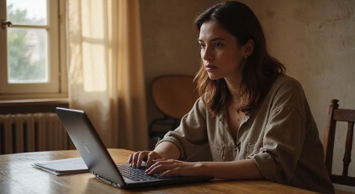 Eine konzentrierte Frau arbeitet an ihrem Laptop in einem gemütlichen Raum und suche Erotische Kontakte und Sex-Dating in Niederösterreich.