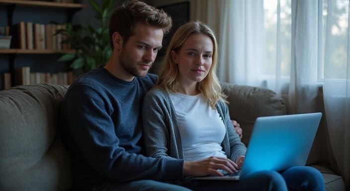 Ein Paar sitzt entspannt auf einem Sofa und nutzt einen Laptop.