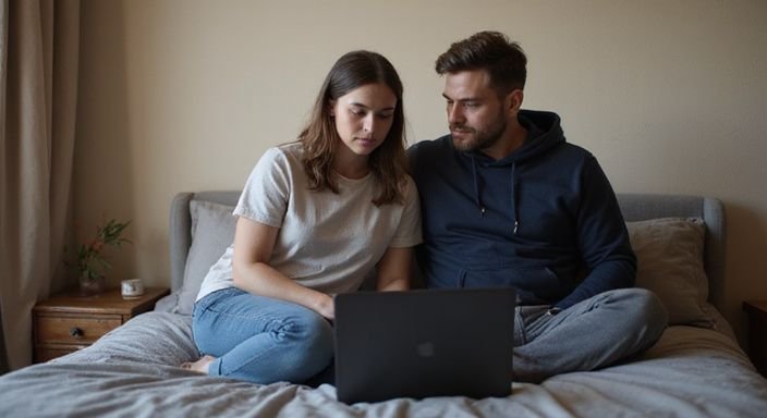 Ein Paar sitzt eng auf einem Bett und nutzt einen Laptop und wollen Erotische Kontakte und Sex-Dating in Niederösterreich.