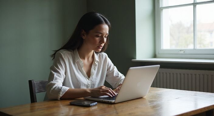 Eine Frau recherchiert konzentriert an einem Laptop über Dating-Plattformen und suche Erotische Kontakte und Sex-Dating in Niederösterreich.