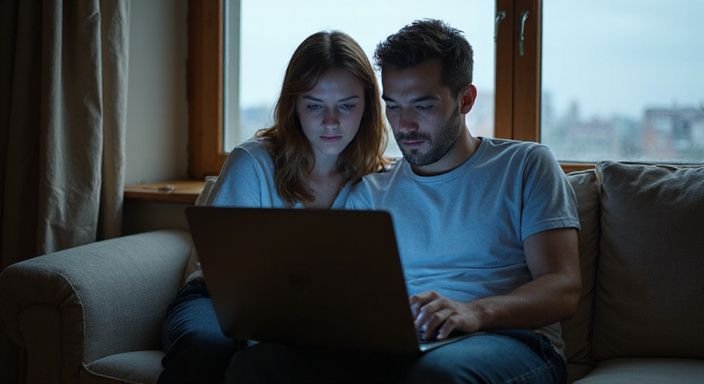 Junge Frau und Mann schauen gemeinsam etwas auf einem Laptop.