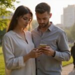 Ein Paar in einem Park schaut konzentriert auf ihre Smartphones