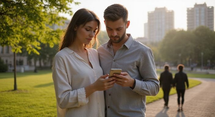 Ein Paar in einem Park schaut konzentriert auf ihre Smartphones und wollen Erotische Kontakte und Sex-Dating in Oberösterreich.