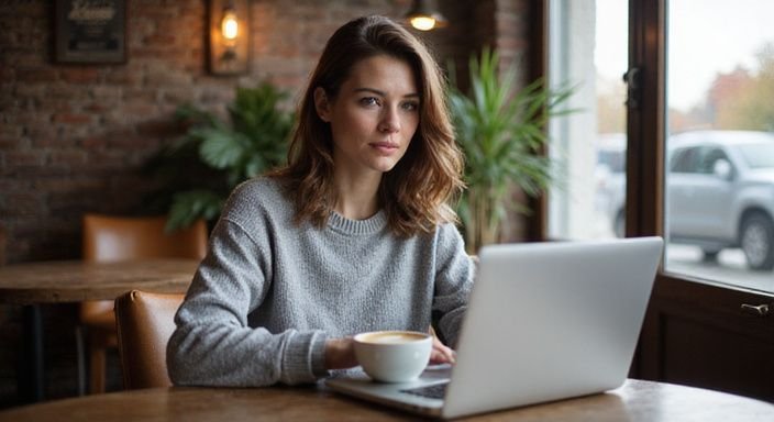 Eine Frau arbeitet konzentriert an ihrem Laptop in einem Café und wollen Erotische Kontakte und Sex-Dating in Oberösterreich.