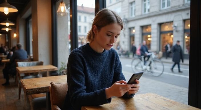 Eine Frau in einem Kaffeehaus scrollt konzentriert auf ihrem Smartphone.