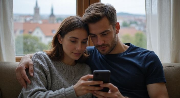 Ein Paar sitzt auf einer Couch und schaut konzentriert auf ein Handy.