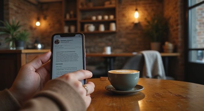 Smartphone zeigt Dating-App-Profil für sexkontakt in Burgenland in gemütlichem Café-Ambiente.