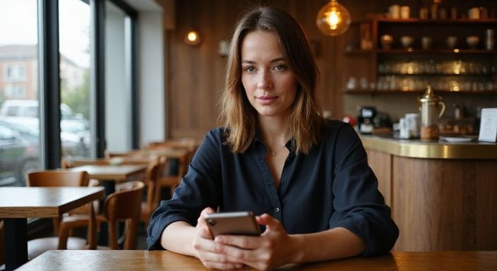 Eine Frau sitzt konzentriert an einem Tisch in einem eleganten Café.