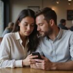Ein Paar sitzt in einem Café und betrachtet konzentriert ihr Smartphone