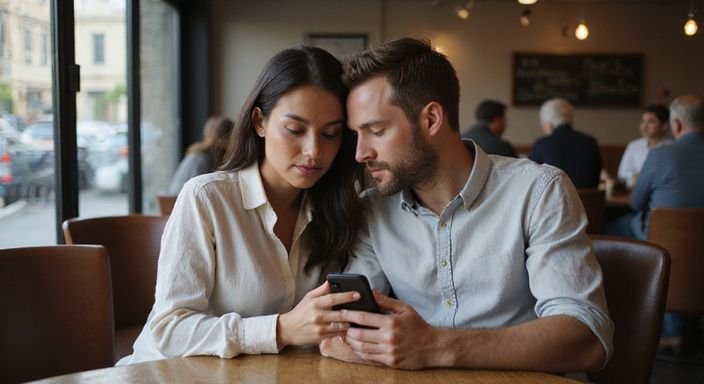 Ein Paar sitzt in einem Café und betrachtet konzentriert ihr Smartphone und wollen sexkontakt in Linz.