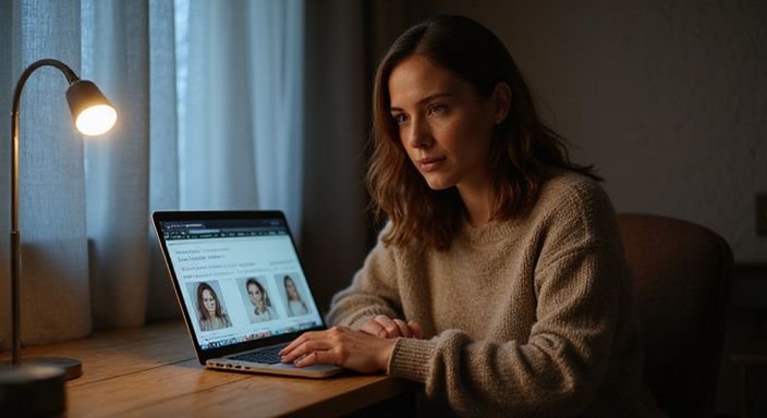 Eine Frau arbeitet konzentriert an ihrem Laptop in einem ruhigen Raum und suche sexkontakt in Linz.