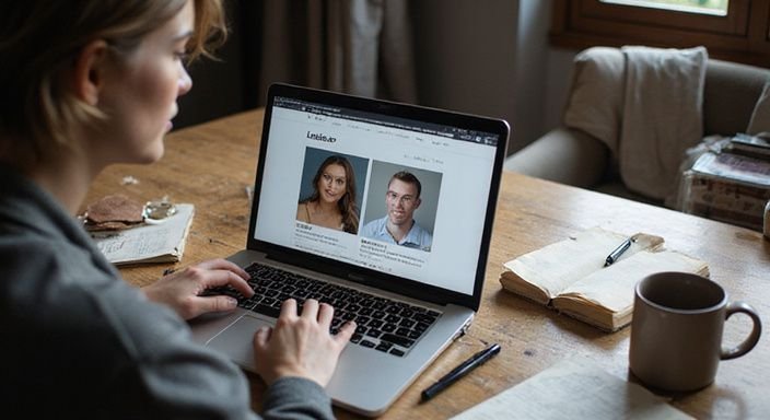 Eine Person nutzt einen Laptop auf einem abgegriffenen Holzschreibtisch.