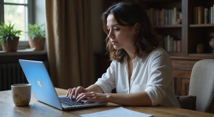 Eine Frau sitzt konzentriert an einem Holzschreibtisch mit einem Laptop und suche sexkontakt in Vorarlberg
