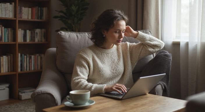 Eine Frau sitzt entspannt in einem Sessel und suche am Laptop nach sexkontakt in Vorarlberg.
