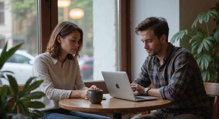 Ein Paar arbeitet konzentriert an einem Laptop in einem Café.