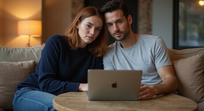 Ein Paar sitzt auf der Couch und schaut konzentriert auf ein Laptop.