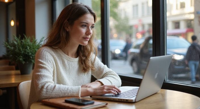 Eine fokussierte Frau arbeitet an ihrem Laptop in einem Café.