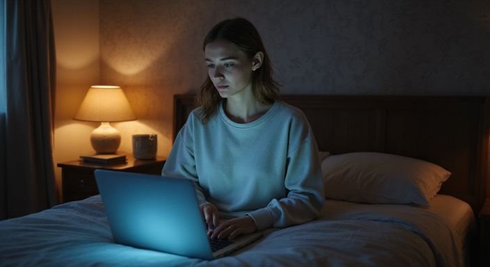 Eine Frau sitzt nachdenklich am Bett mit einem Laptop und suche sexkontakte in Österreich.