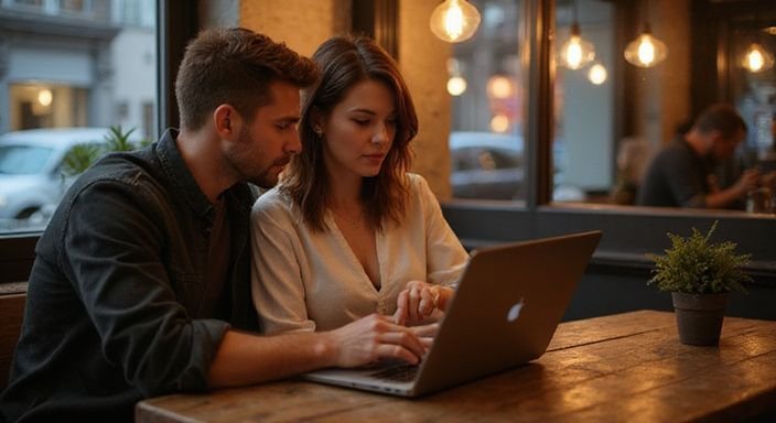 Ein Paar arbeitet gemeinsam konzentriert an einem Laptop in einem Café.